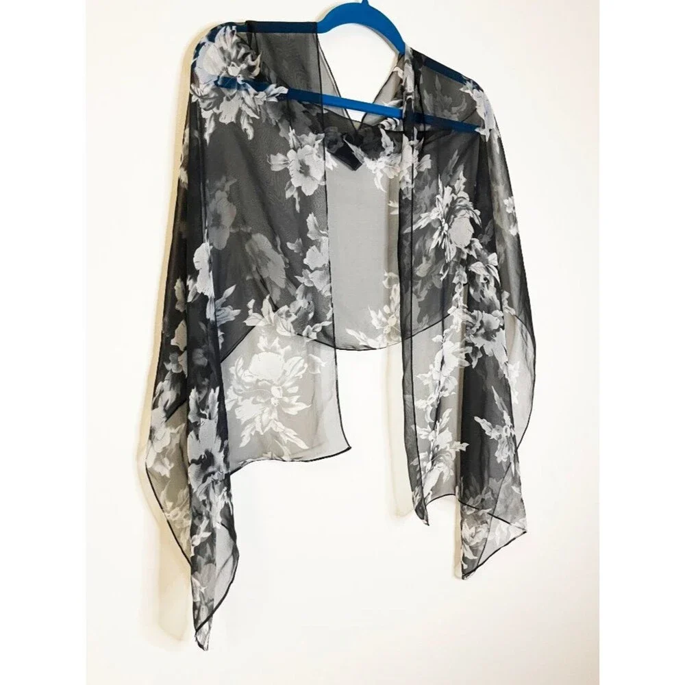 Black Sheer Floral Chiffon Scarf Wrap Shawl Romantic Goth Whimsigoth